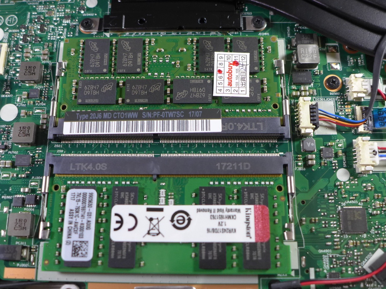 Two Kingston DDR4 SODIMM memory modules installed in a ThinkPad motherboard